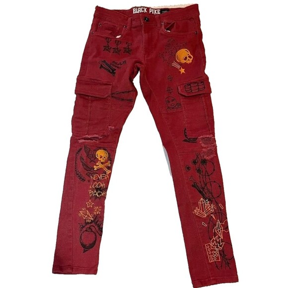Black Pike Men's Burnt Orange Goth Graphic Print/Embroidered Jeans Sz 30 x 32